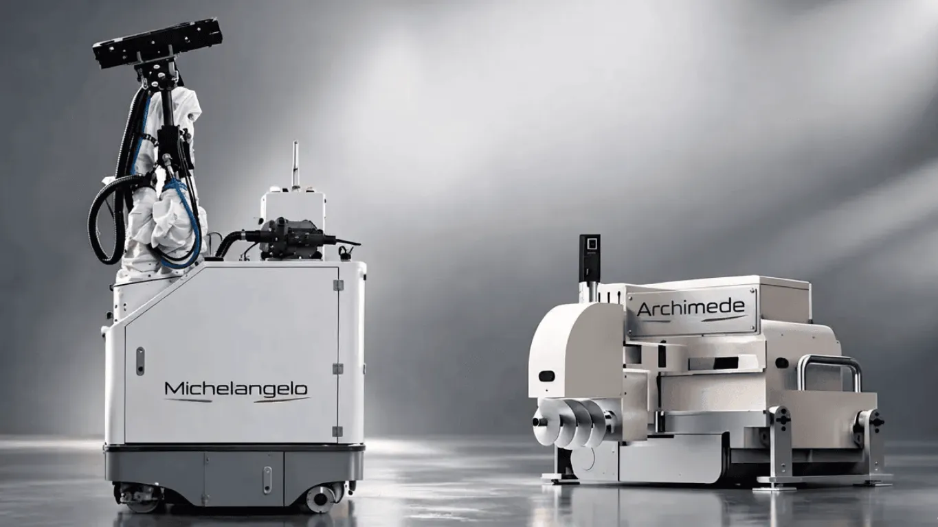 Due robot industriali, chiamati Michelangelo e Archimede, sono posizionati su un pavimento riflettente in un ambiente moderno dai toni grigi e illuminato da luci soffuse, mettendo in risalto i macchinari e la tecnologia all’avanguardia sviluppati da Sabina Robotics.
