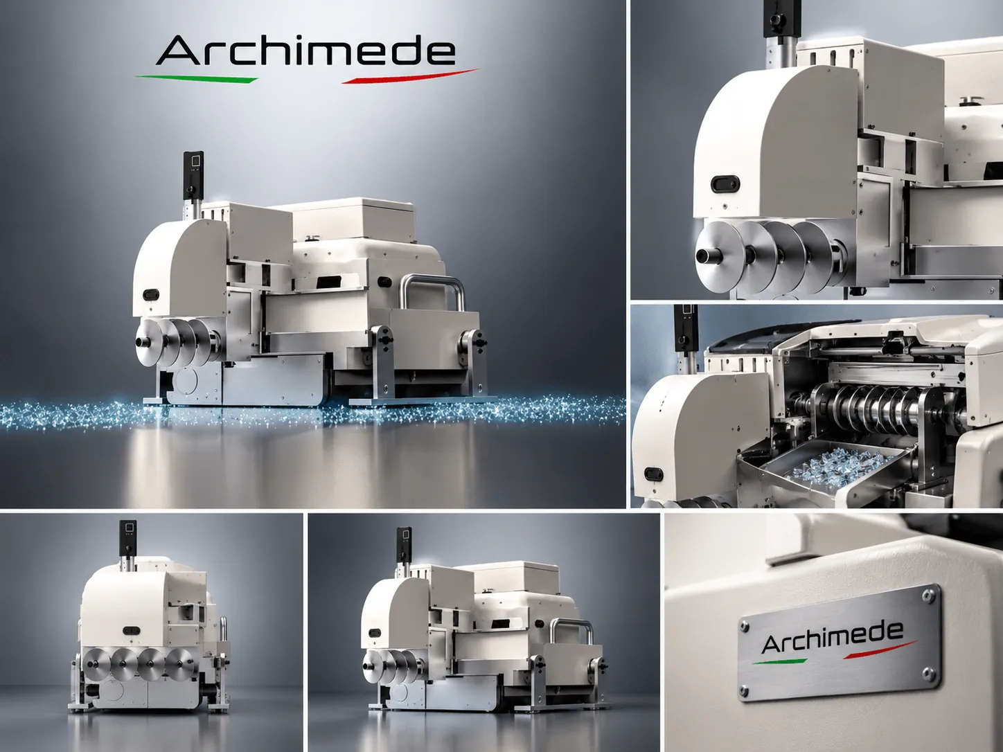 Collage di una macchina industriale bianca con il marchio “Archimede”, viti metalliche e granuli blu, raffigurata da diverse angolazioni e in primi piani su uno sfondo grigio. La composizione mette in risalto l’ingegneria all’avanguardia del sistema robotizzato Archimede per il livellamento dei massetti. Robot per Massetti e Pavimentazioni in Malta