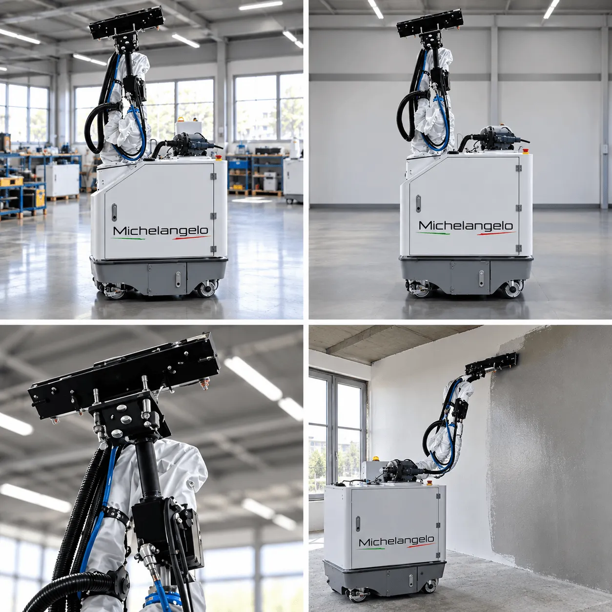 In un laboratorio è visibile un robot su ruote denominato “Michelangelo” che, mentre dipinge una parete, esegue con perizia la tinteggiatura e la rasatura. Le riprese ravvicinate mettono in risalto il suo braccio robotico all’avanguardia e il preciso meccanismo di verniciatura. L’ambiente di lavoro è moderno e ben illuminato. Robot per Pittura e Finiture Pareti