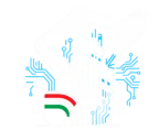 Un braccio robotico a marchio Sabina Robotics è all'opera su un edificio circondato da circuiti blu, con in primo piano una tazza decorata con una striscia rossa, bianca e verde e il logo del marchio di robotica per l'edilizia.