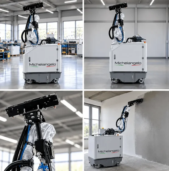 In un laboratorio è visibile un robot su ruote denominato “Michelangelo” che, mentre dipinge una parete, esegue con perizia la tinteggiatura e la rasatura. Le riprese ravvicinate mettono in risalto il suo braccio robotico all’avanguardia e il preciso meccanismo di verniciatura. L’ambiente di lavoro è moderno e ben illuminato.Robot per Pittura e Finiture Pareti In un laboratorio è visibile un robot su ruote denominato “Michelangelo” che, mentre dipinge una parete, esegue con perizia la tinteggiatura e la rasatura. Le riprese ravvicinate mettono in risalto il suo braccio robotico all’avanguardia e il preciso meccanismo di verniciatura. L’ambiente di lavoro è moderno e ben illuminato. Robot per Pittura e Finiture Pareti
